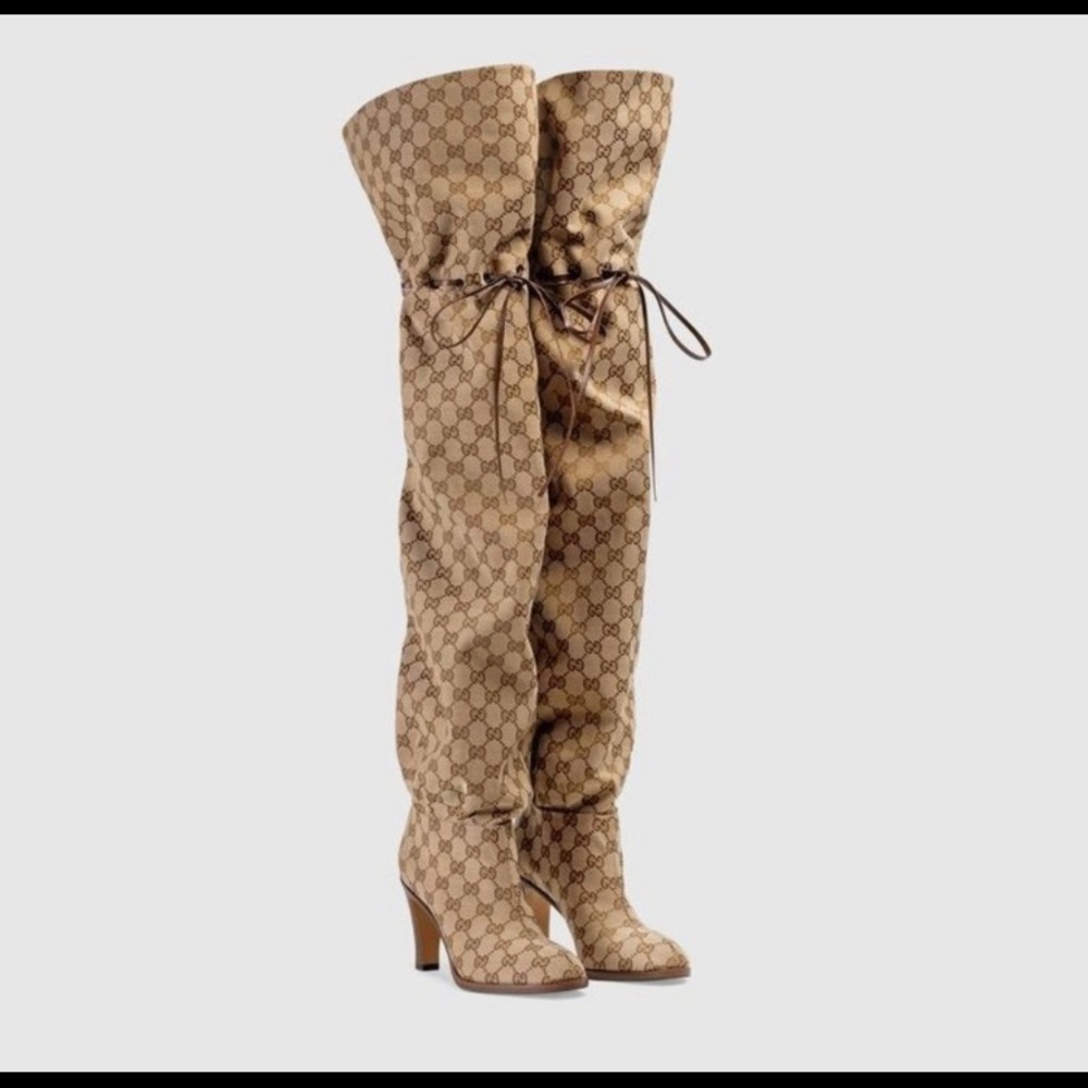 Gucci Original GG Monogram Canvas Over-The-Knee Malaga Kid Boots, Size 38.5